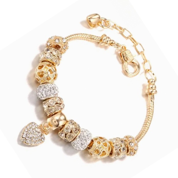 Golden Beaded Bracelet With Heart, Rhinestones, Alloy (Mixture of Metals) NWT - Picture 3 of 5